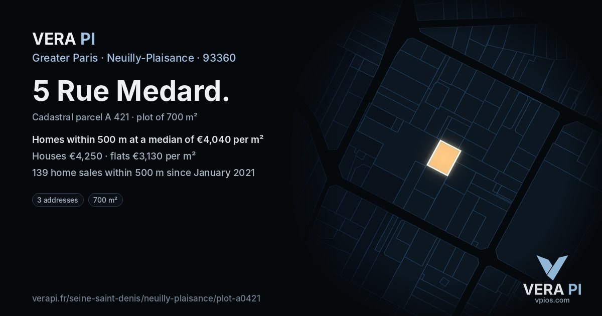 5 Rue Medard, Neuilly-Plaisance at night – the plot lit, the parcels around coloured by the prices near them