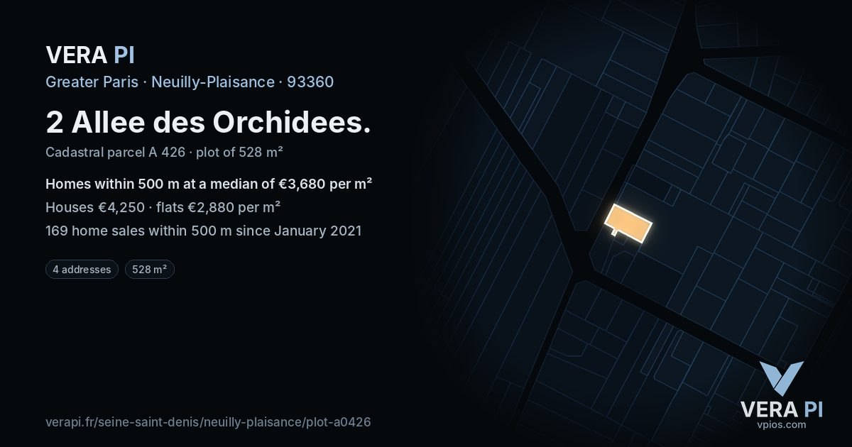 2 Allee des Orchidees, Neuilly-Plaisance at night – the plot lit, the parcels around coloured by the prices near them