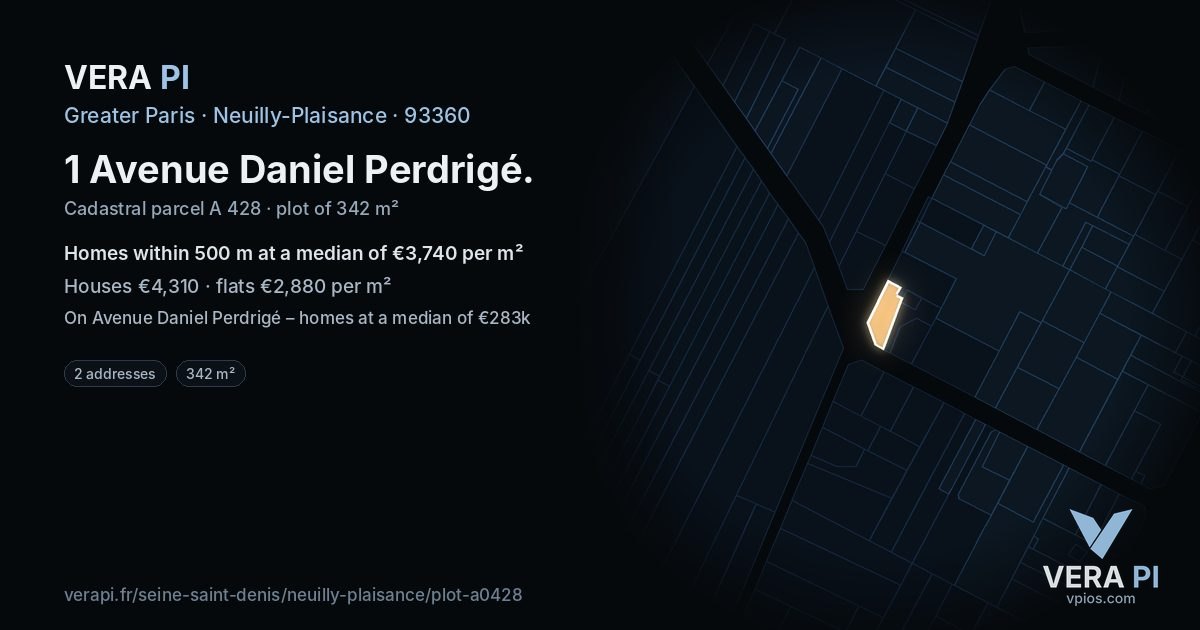 1 Avenue Daniel Perdrigé, Neuilly-Plaisance at night – the plot lit, the parcels around coloured by the prices near them