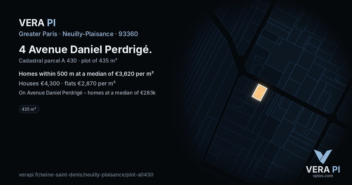 4 Avenue Daniel Perdrigé, Neuilly-Plaisance at night – the plot lit, the parcels around coloured by the prices near them