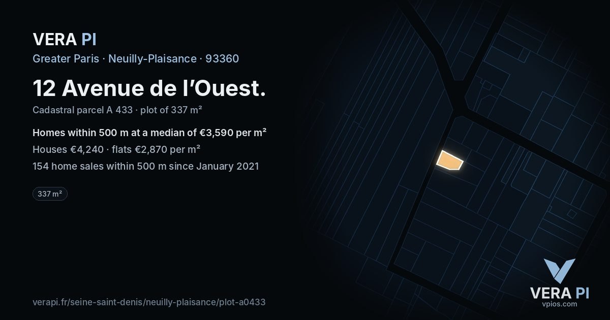 12 Avenue de l’Ouest, Neuilly-Plaisance at night – the plot lit, the parcels around coloured by the prices near them