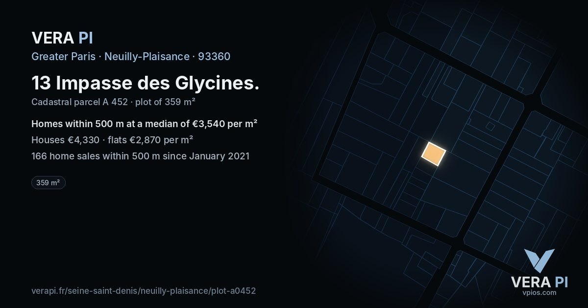 13 Impasse des Glycines, Neuilly-Plaisance at night – the plot lit, the parcels around coloured by the prices near them
