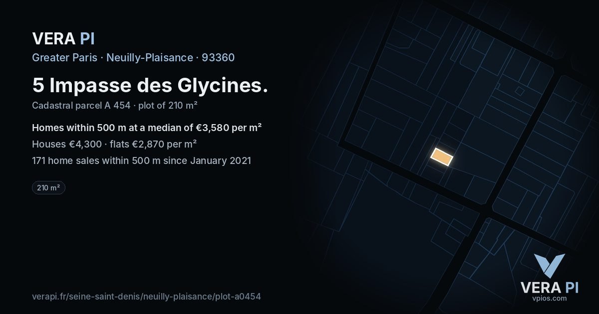 5 Impasse des Glycines, Neuilly-Plaisance at night – the plot lit, the parcels around coloured by the prices near them