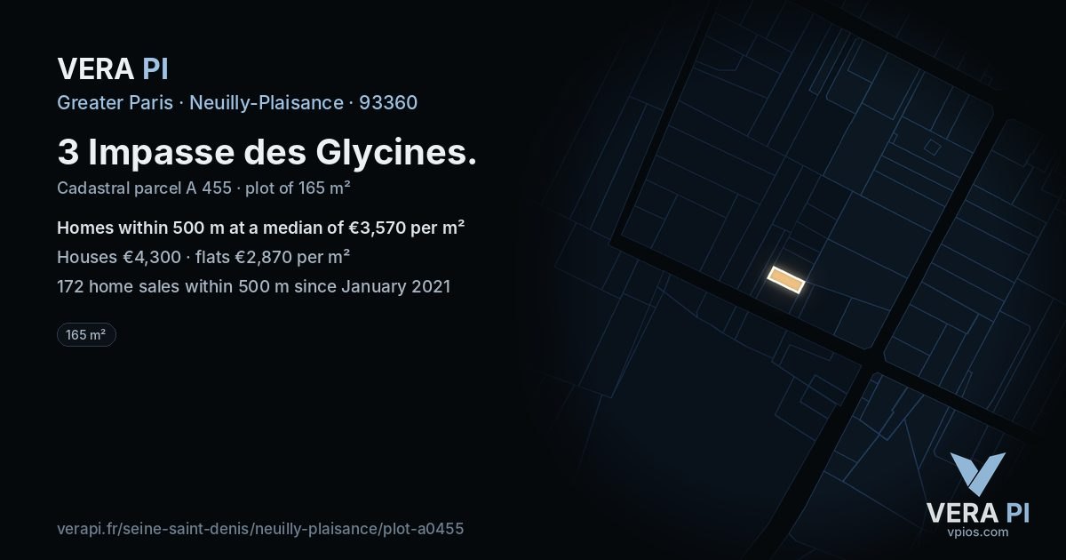 3 Impasse des Glycines, Neuilly-Plaisance at night – the plot lit, the parcels around coloured by the prices near them