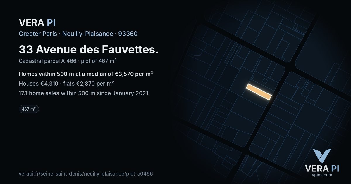 33 Avenue des Fauvettes, Neuilly-Plaisance at night – the plot lit, the parcels around coloured by the prices near them