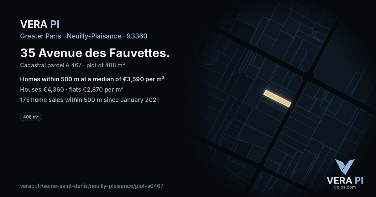 35 Avenue des Fauvettes, Neuilly-Plaisance at night – the plot lit, the parcels around coloured by the prices near them
