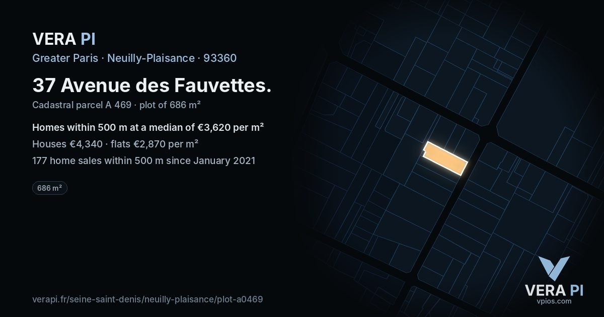 37 Avenue des Fauvettes, Neuilly-Plaisance at night – the plot lit, the parcels around coloured by the prices near them