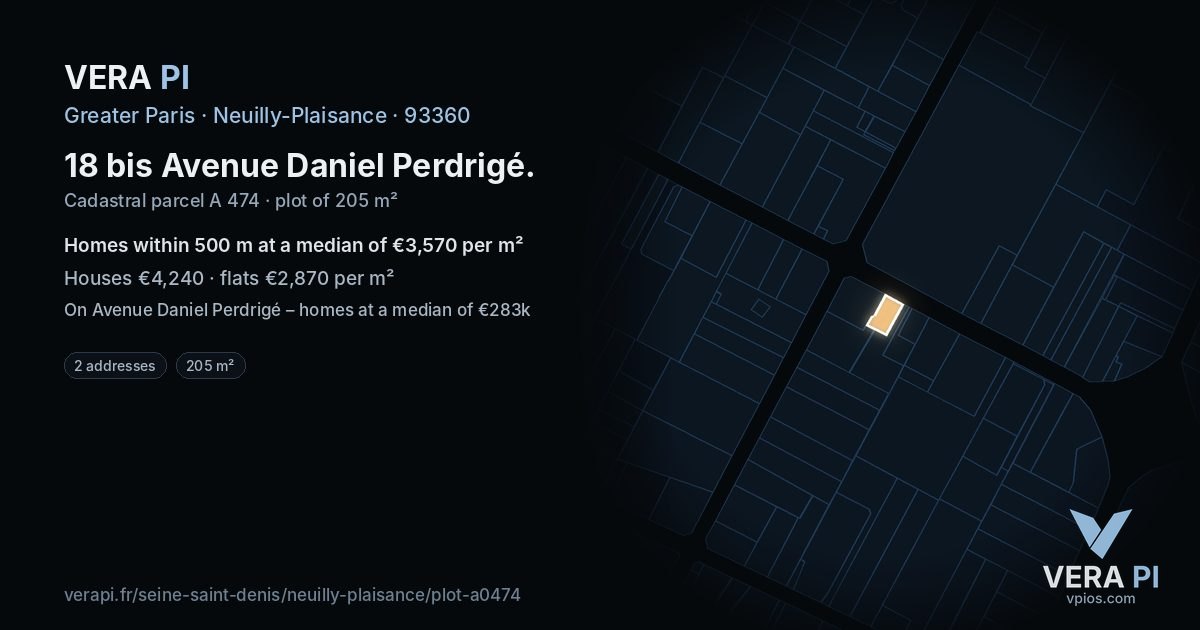 18 bis Avenue Daniel Perdrigé, Neuilly-Plaisance at night – the plot lit, the parcels around coloured by the prices near them