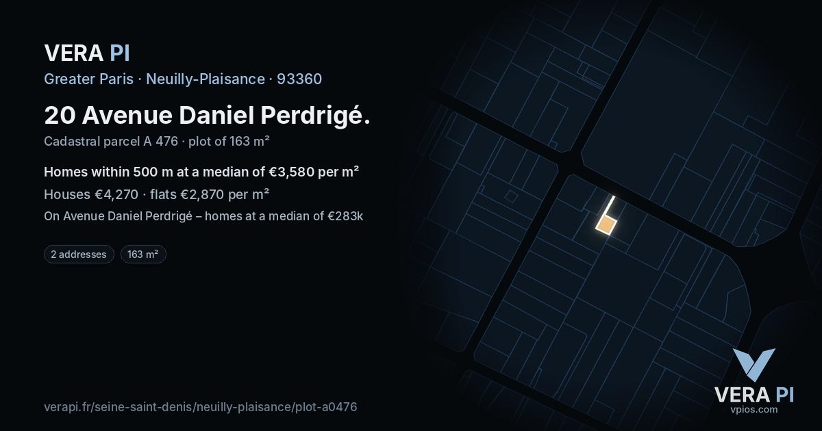 20 Avenue Daniel Perdrigé, Neuilly-Plaisance at night – the plot lit, the parcels around coloured by the prices near them