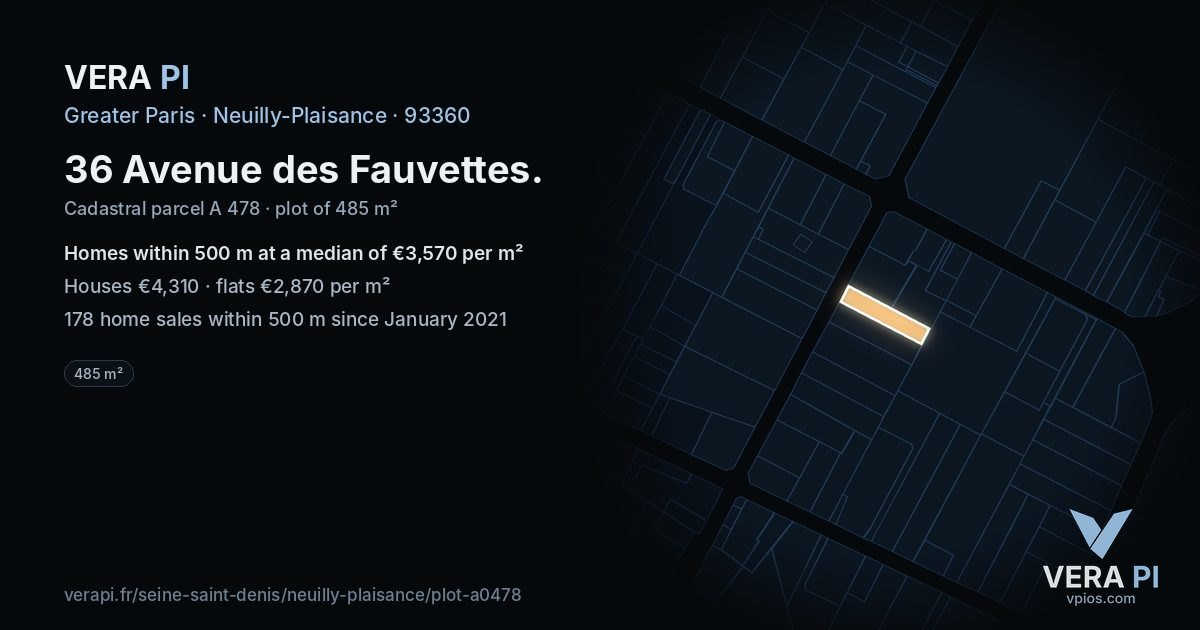 36 Avenue des Fauvettes, Neuilly-Plaisance at night – the plot lit, the parcels around coloured by the prices near them