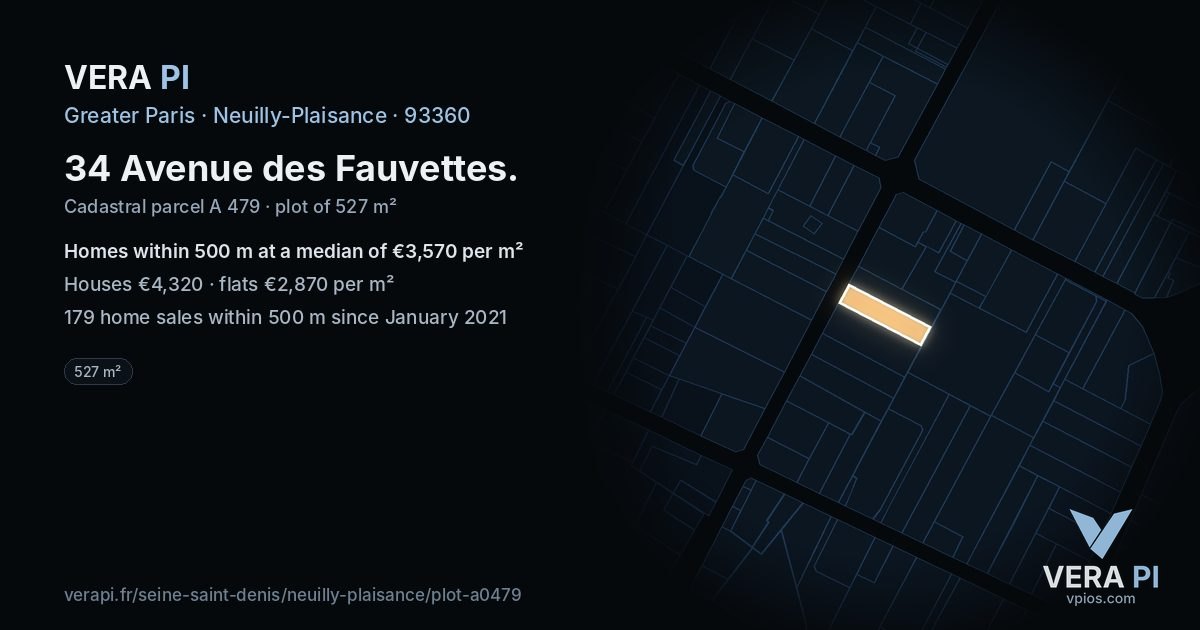 34 Avenue des Fauvettes, Neuilly-Plaisance at night – the plot lit, the parcels around coloured by the prices near them