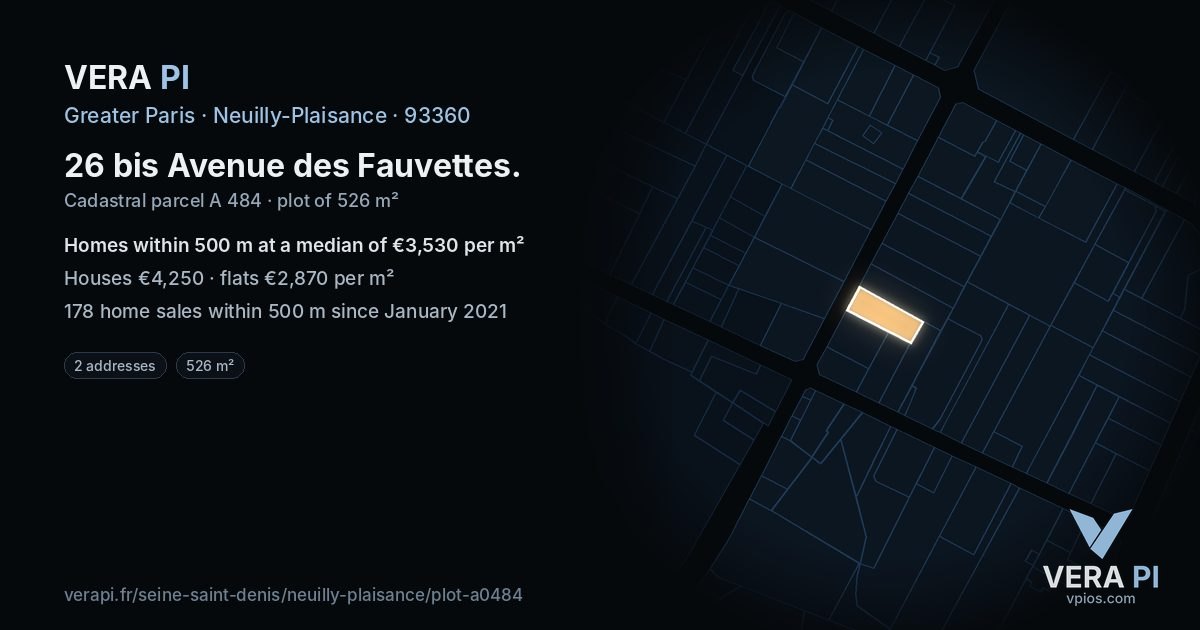 26 bis Avenue des Fauvettes, Neuilly-Plaisance at night – the plot lit, the parcels around coloured by the prices near them