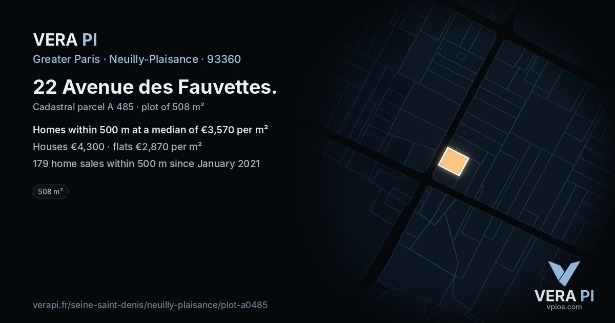 22 Avenue des Fauvettes, Neuilly-Plaisance at night – the plot lit, the parcels around coloured by the prices near them