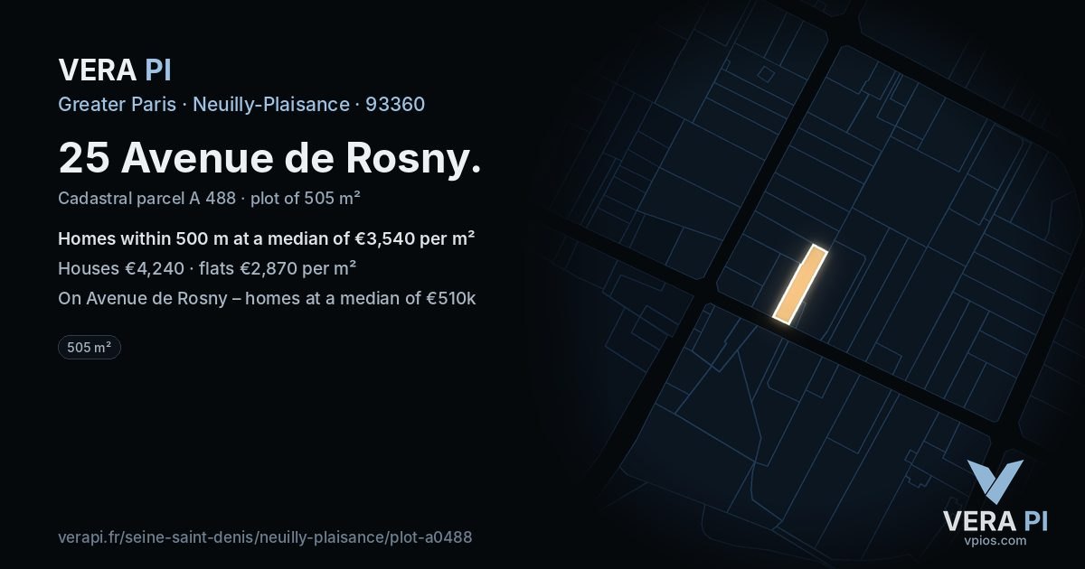 25 Avenue de Rosny, Neuilly-Plaisance at night – the plot lit, the parcels around coloured by the prices near them
