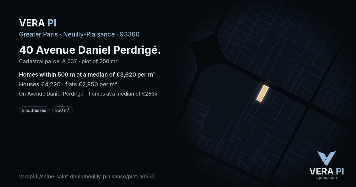 40 Avenue Daniel Perdrigé, Neuilly-Plaisance at night – the plot lit, the parcels around coloured by the prices near them