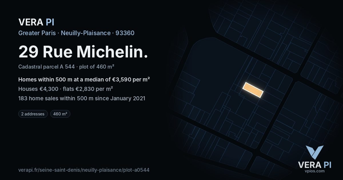 29 Rue Michelin, Neuilly-Plaisance at night – the plot lit, the parcels around coloured by the prices near them