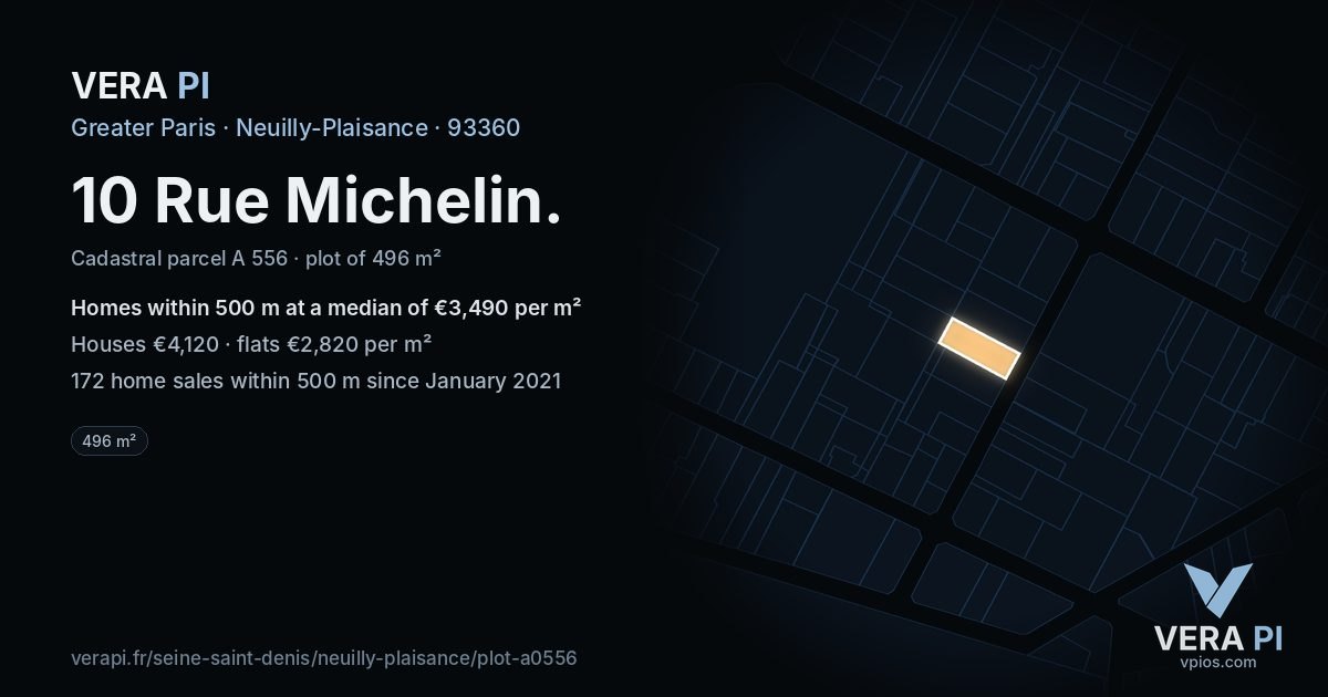 10 Rue Michelin, Neuilly-Plaisance at night – the plot lit, the parcels around coloured by the prices near them