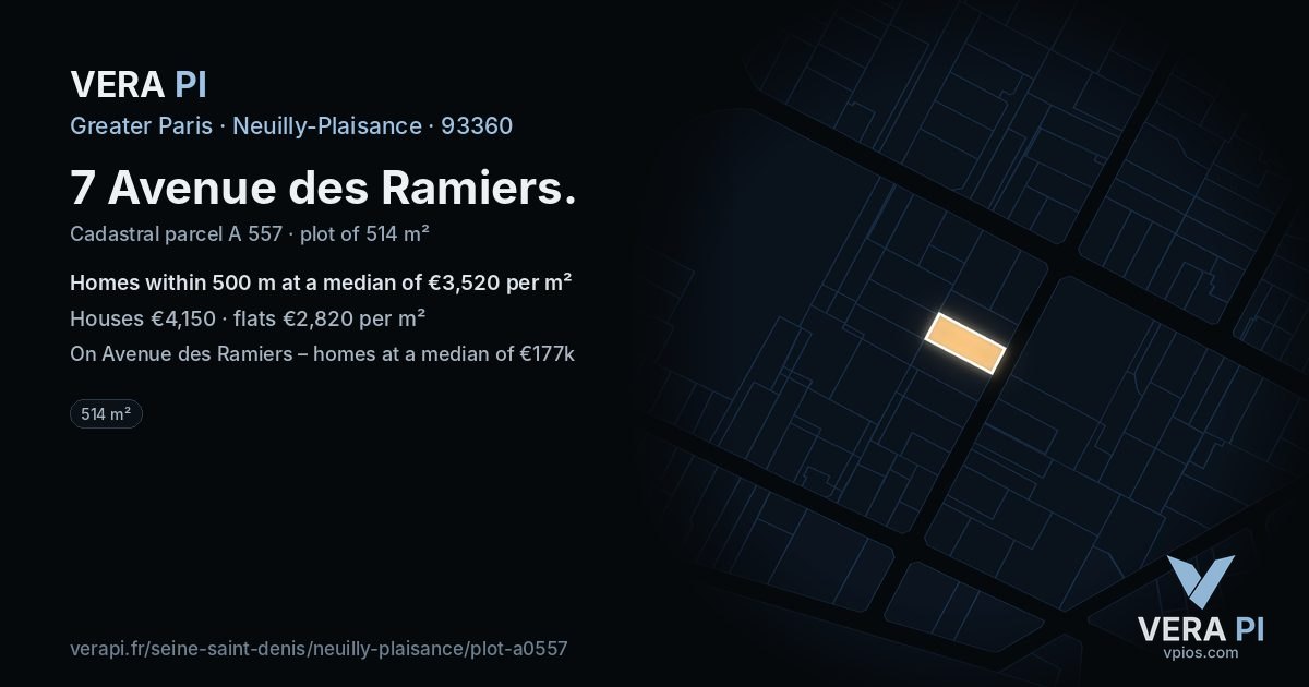 7 Avenue des Ramiers, Neuilly-Plaisance at night – the plot lit, the parcels around coloured by the prices near them
