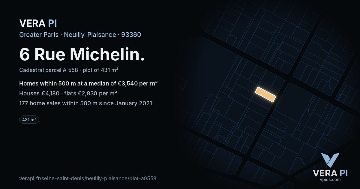 6 Rue Michelin, Neuilly-Plaisance at night – the plot lit, the parcels around coloured by the prices near them