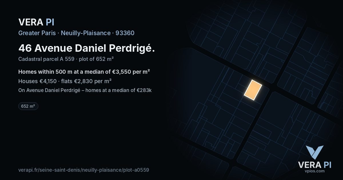 46 Avenue Daniel Perdrigé, Neuilly-Plaisance at night – the plot lit, the parcels around coloured by the prices near them