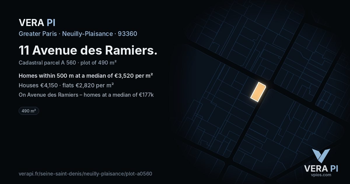 11 Avenue des Ramiers, Neuilly-Plaisance at night – the plot lit, the parcels around coloured by the prices near them