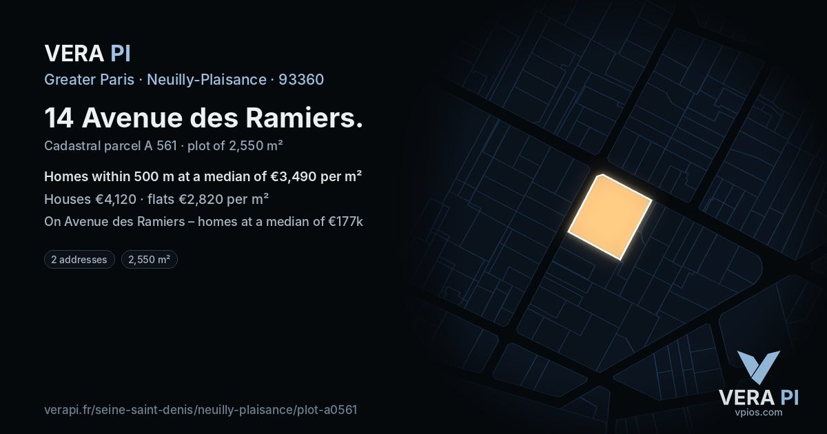 14 Avenue des Ramiers, Neuilly-Plaisance at night – the plot lit, the parcels around coloured by the prices near them