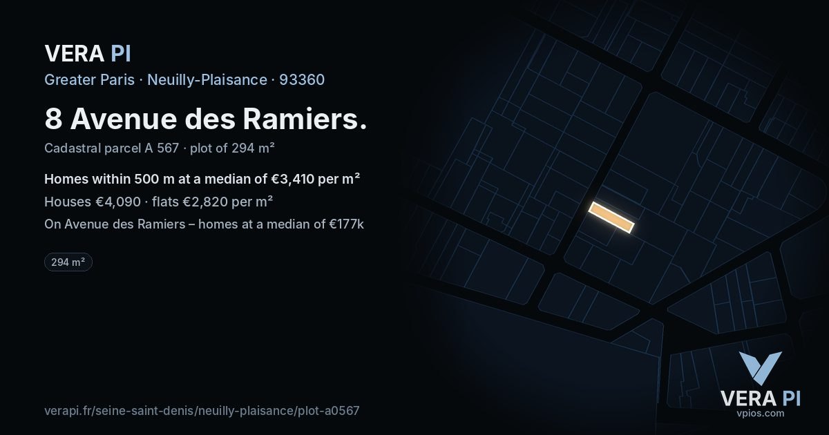 8 Avenue des Ramiers, Neuilly-Plaisance at night – the plot lit, the parcels around coloured by the prices near them