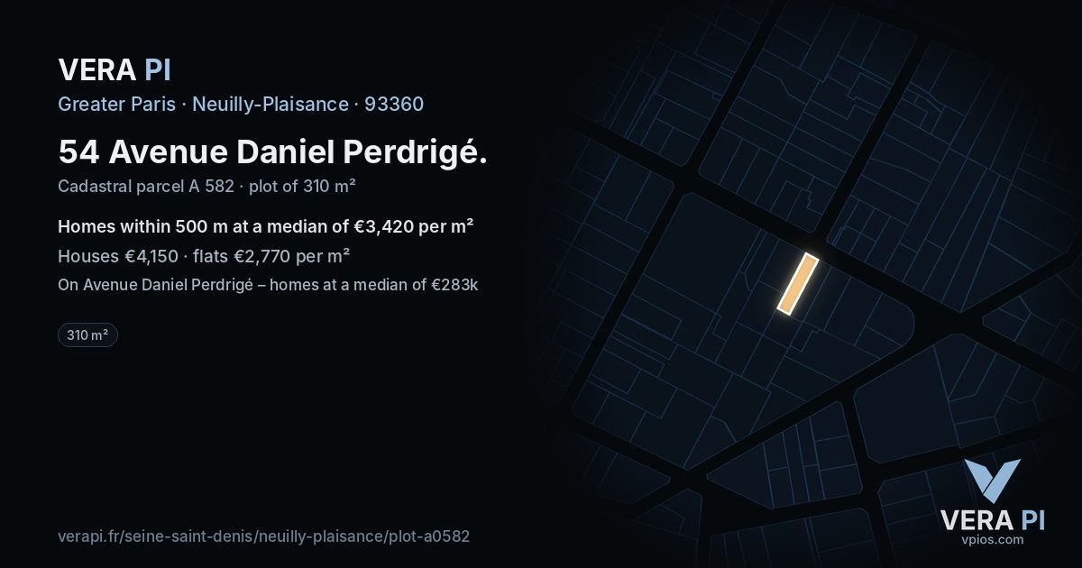 54 Avenue Daniel Perdrigé, Neuilly-Plaisance at night – the plot lit, the parcels around coloured by the prices near them