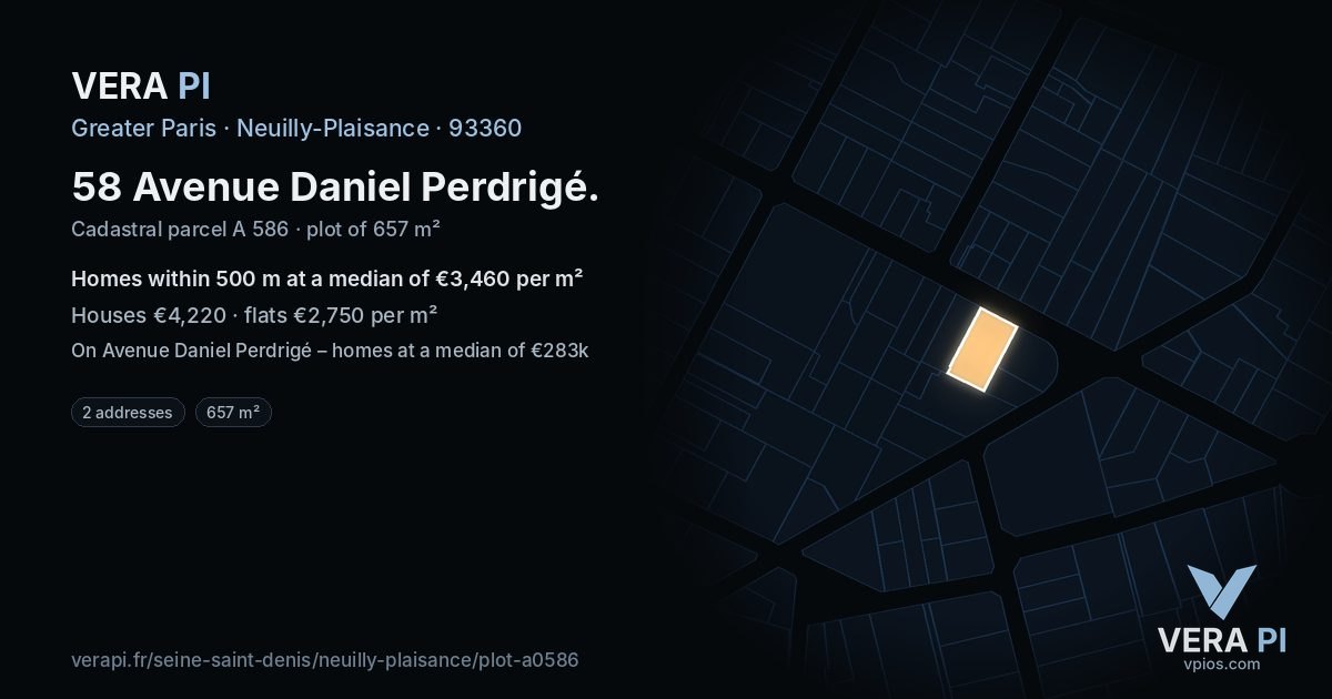 58 Avenue Daniel Perdrigé, Neuilly-Plaisance at night – the plot lit, the parcels around coloured by the prices near them