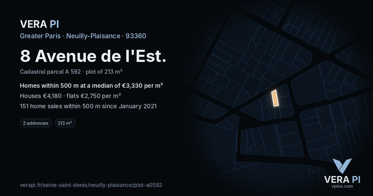 8 Avenue de l'Est, Neuilly-Plaisance at night – the plot lit, the parcels around coloured by the prices near them