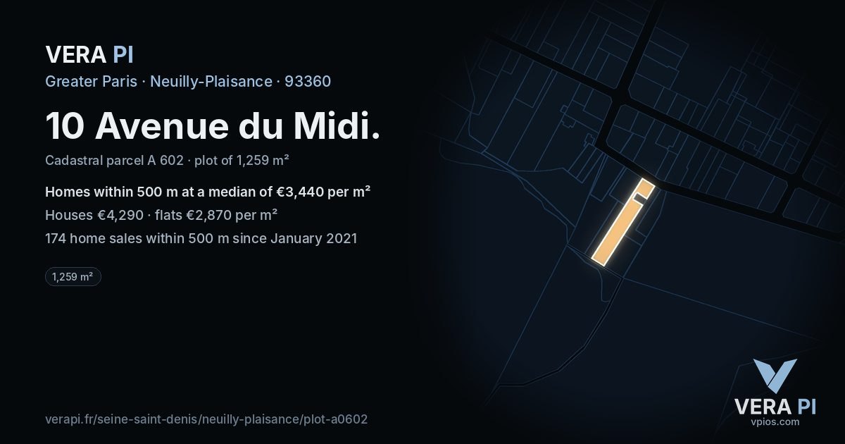 10 Avenue du Midi, Neuilly-Plaisance at night – the plot lit, the parcels around coloured by the prices near them