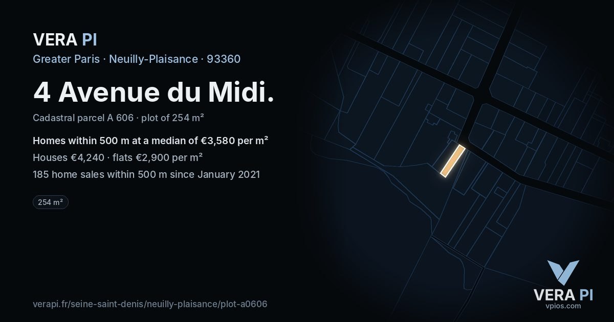 4 Avenue du Midi, Neuilly-Plaisance at night – the plot lit, the parcels around coloured by the prices near them
