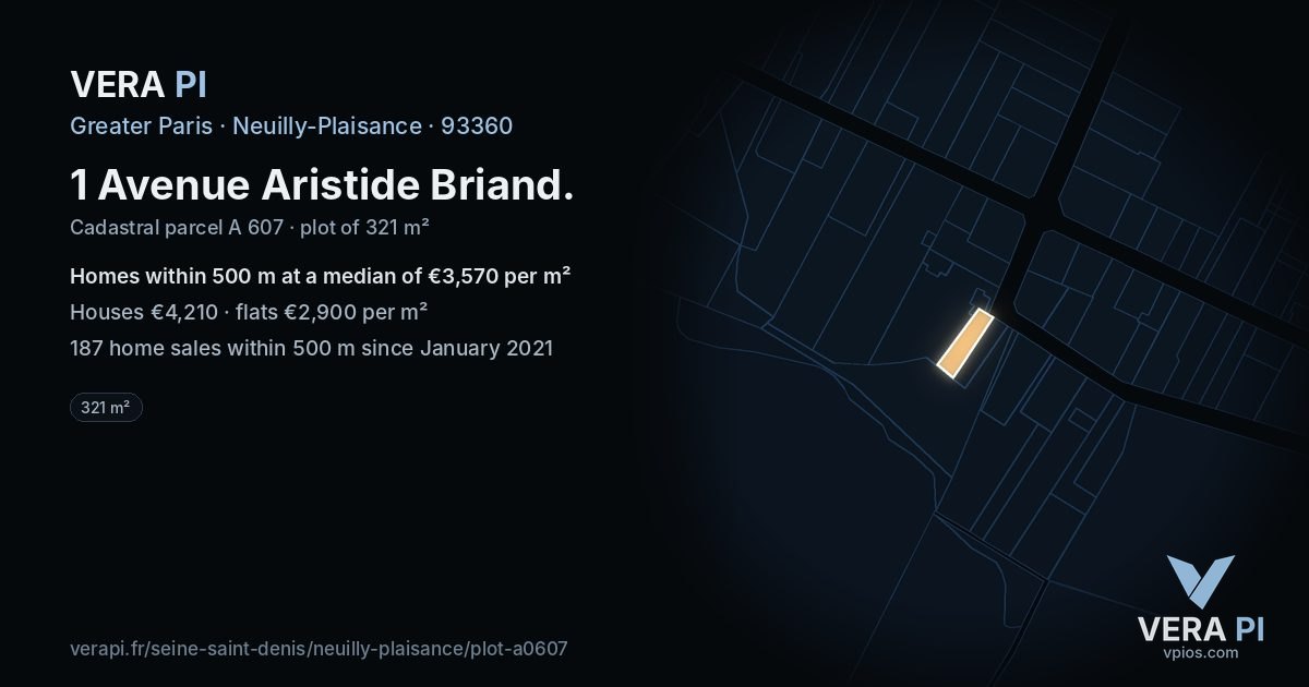 1 Avenue Aristide Briand, Neuilly-Plaisance at night – the plot lit, the parcels around coloured by the prices near them