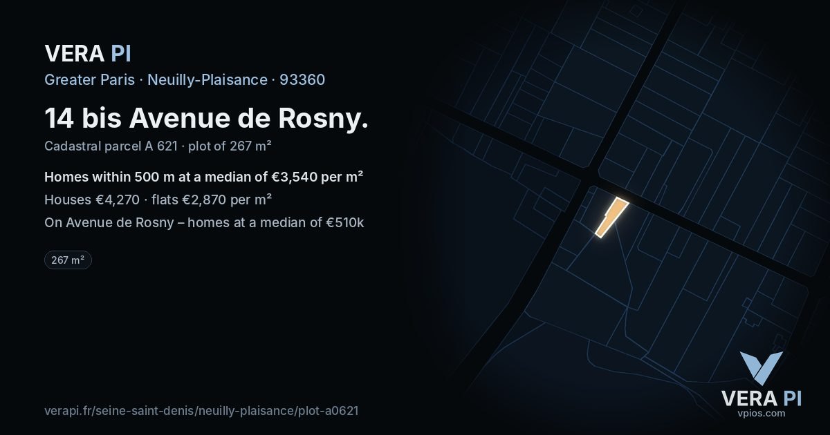 14 bis Avenue de Rosny, Neuilly-Plaisance at night – the plot lit, the parcels around coloured by the prices near them