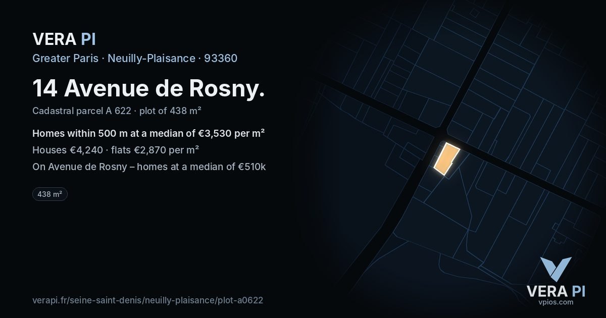 14 Avenue de Rosny, Neuilly-Plaisance at night – the plot lit, the parcels around coloured by the prices near them