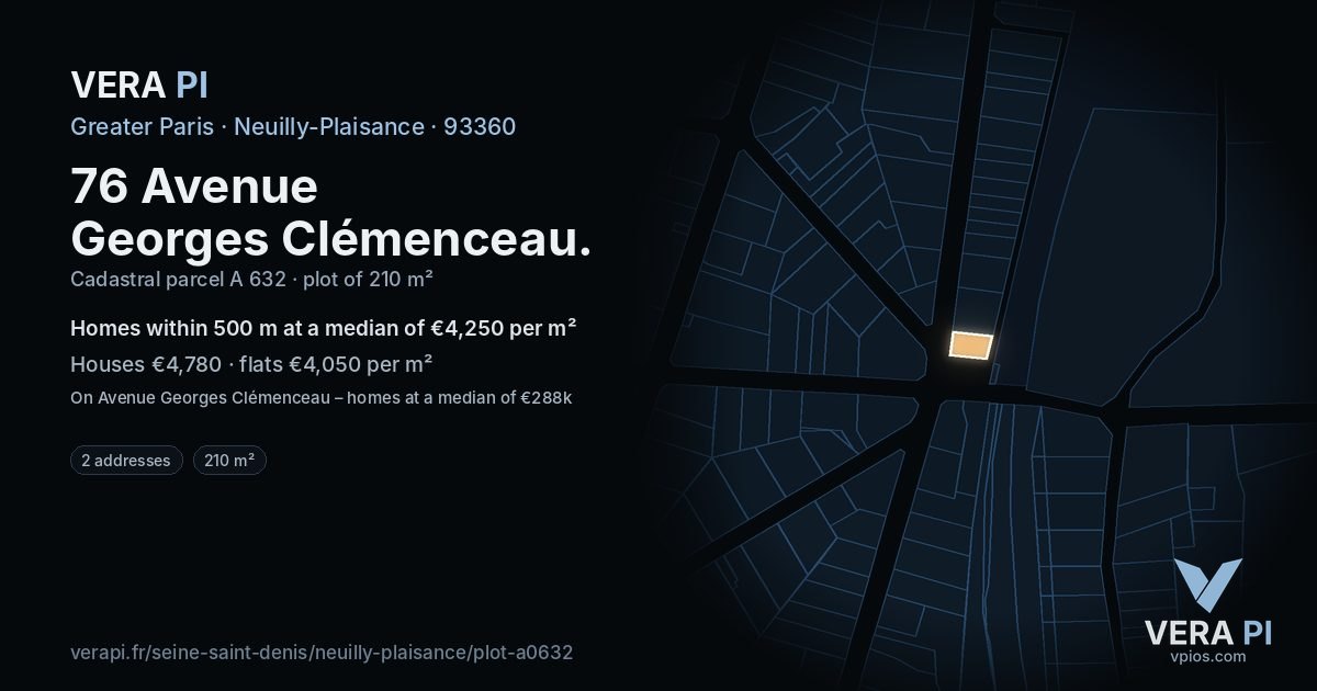 76 Avenue Georges Clémenceau, Neuilly-Plaisance at night – the plot lit, the parcels around coloured by the prices near them