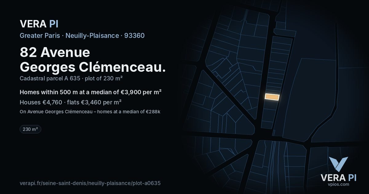82 Avenue Georges Clémenceau, Neuilly-Plaisance at night – the plot lit, the parcels around coloured by the prices near them