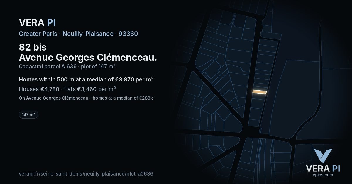 82 bis Avenue Georges Clémenceau, Neuilly-Plaisance at night – the plot lit, the parcels around coloured by the prices near them