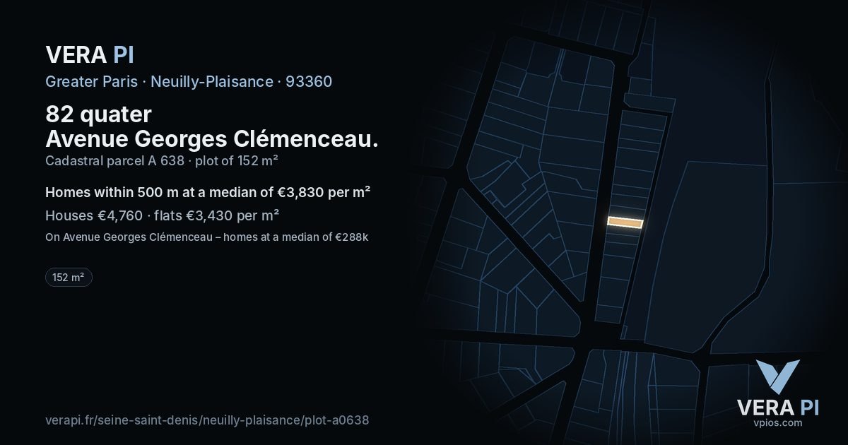 82 quater Avenue Georges Clémenceau, Neuilly-Plaisance at night – the plot lit, the parcels around coloured by the prices near them
