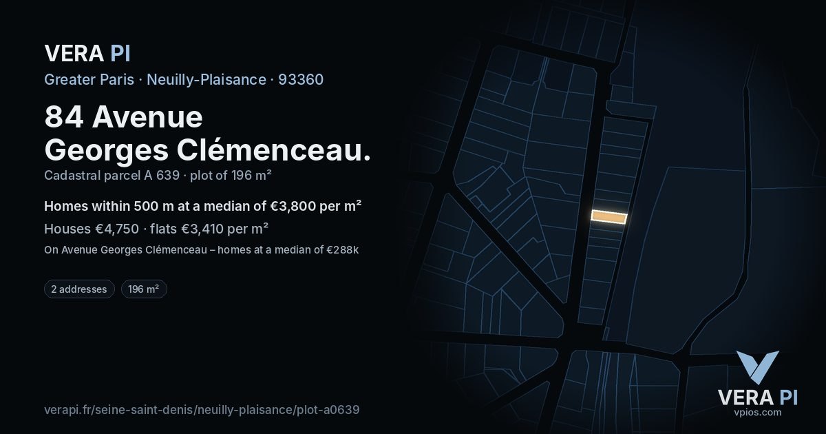 84 Avenue Georges Clémenceau, Neuilly-Plaisance at night – the plot lit, the parcels around coloured by the prices near them
