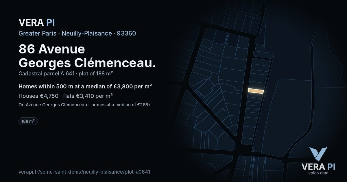 86 Avenue Georges Clémenceau, Neuilly-Plaisance at night – the plot lit, the parcels around coloured by the prices near them