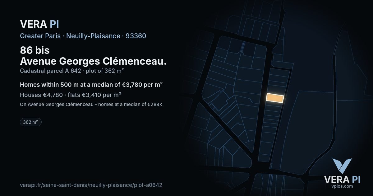86 bis Avenue Georges Clémenceau, Neuilly-Plaisance at night – the plot lit, the parcels around coloured by the prices near them