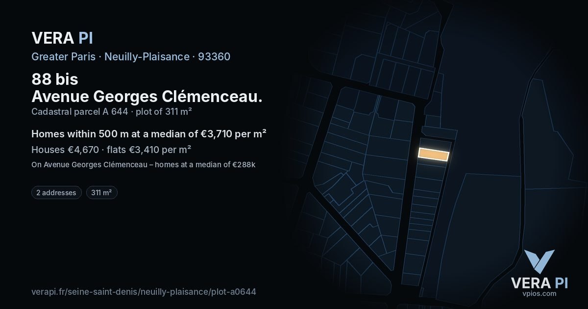 88 bis Avenue Georges Clémenceau, Neuilly-Plaisance at night – the plot lit, the parcels around coloured by the prices near them