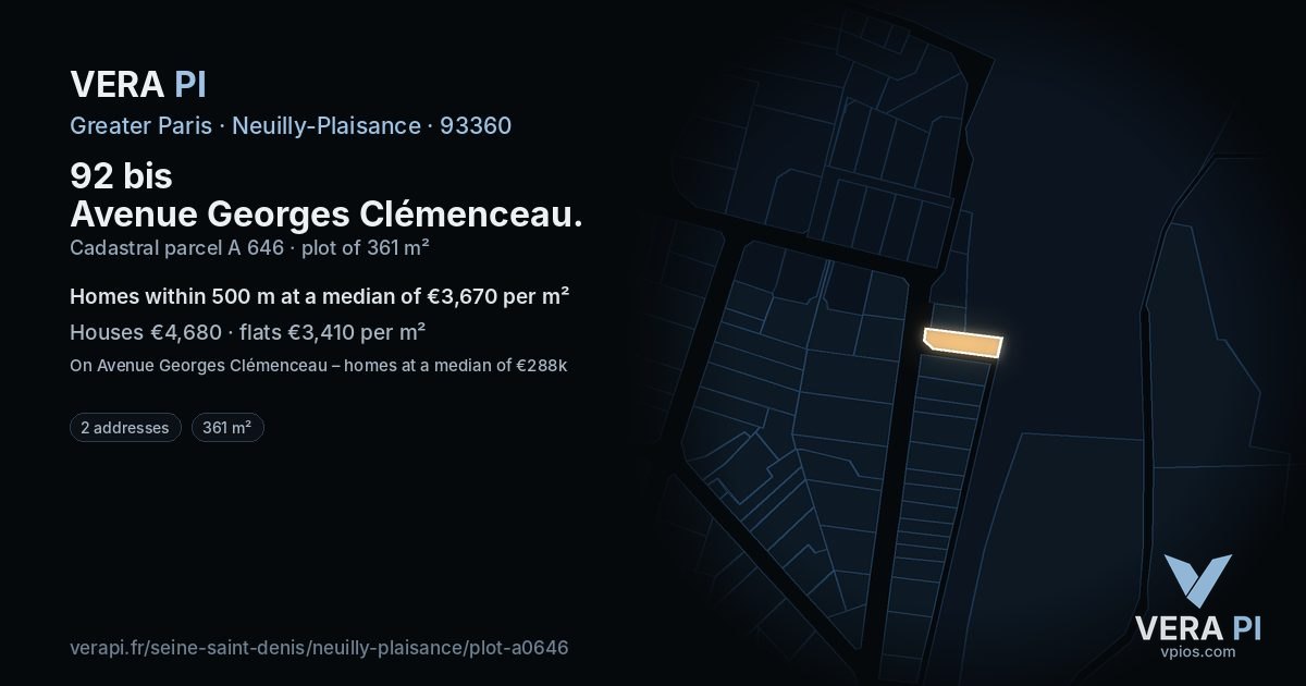 92 bis Avenue Georges Clémenceau, Neuilly-Plaisance at night – the plot lit, the parcels around coloured by the prices near them
