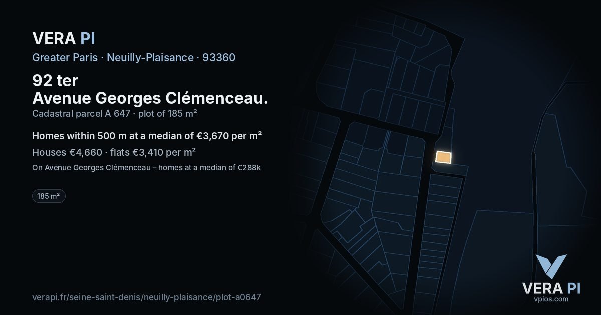 92 ter Avenue Georges Clémenceau, Neuilly-Plaisance at night – the plot lit, the parcels around coloured by the prices near them