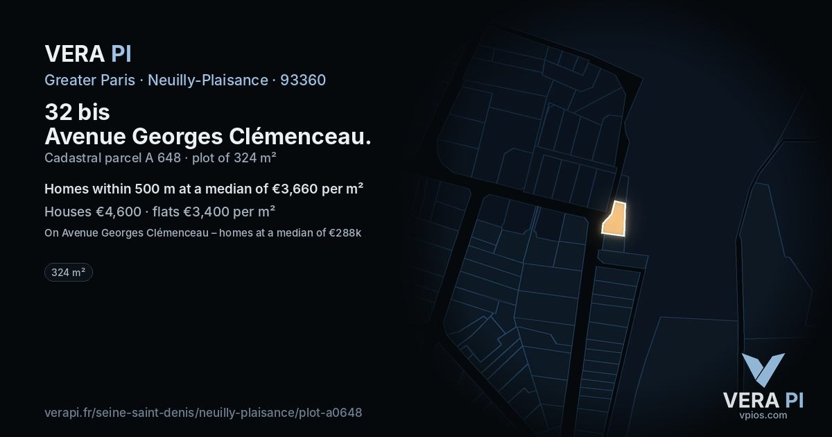 32 bis Avenue Georges Clémenceau, Neuilly-Plaisance at night – the plot lit, the parcels around coloured by the prices near them