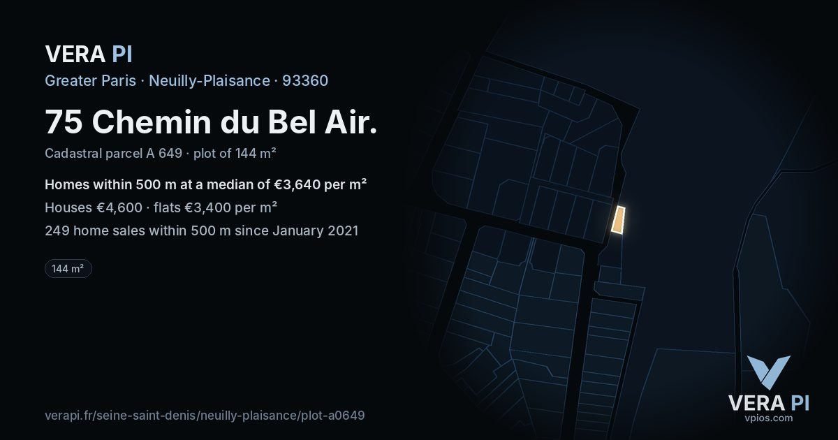 75 Chemin du Bel Air, Neuilly-Plaisance at night – the plot lit, the parcels around coloured by the prices near them