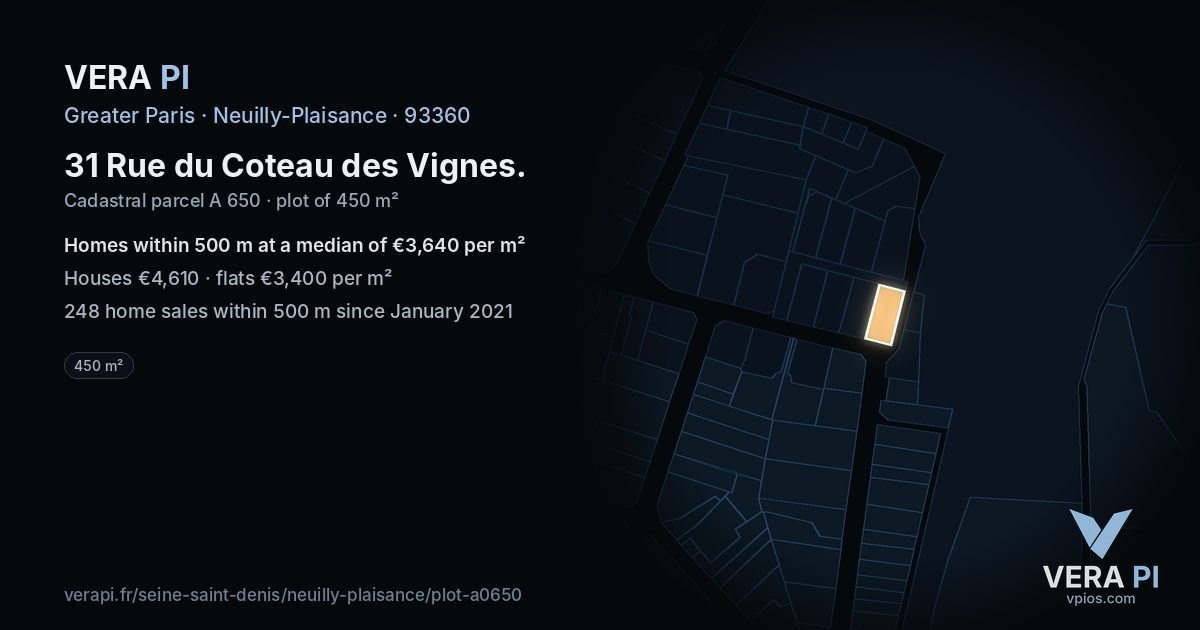 31 Rue du Coteau des Vignes, Neuilly-Plaisance at night – the plot lit, the parcels around coloured by the prices near them
