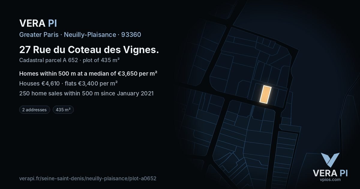 27 Rue du Coteau des Vignes, Neuilly-Plaisance at night – the plot lit, the parcels around coloured by the prices near them