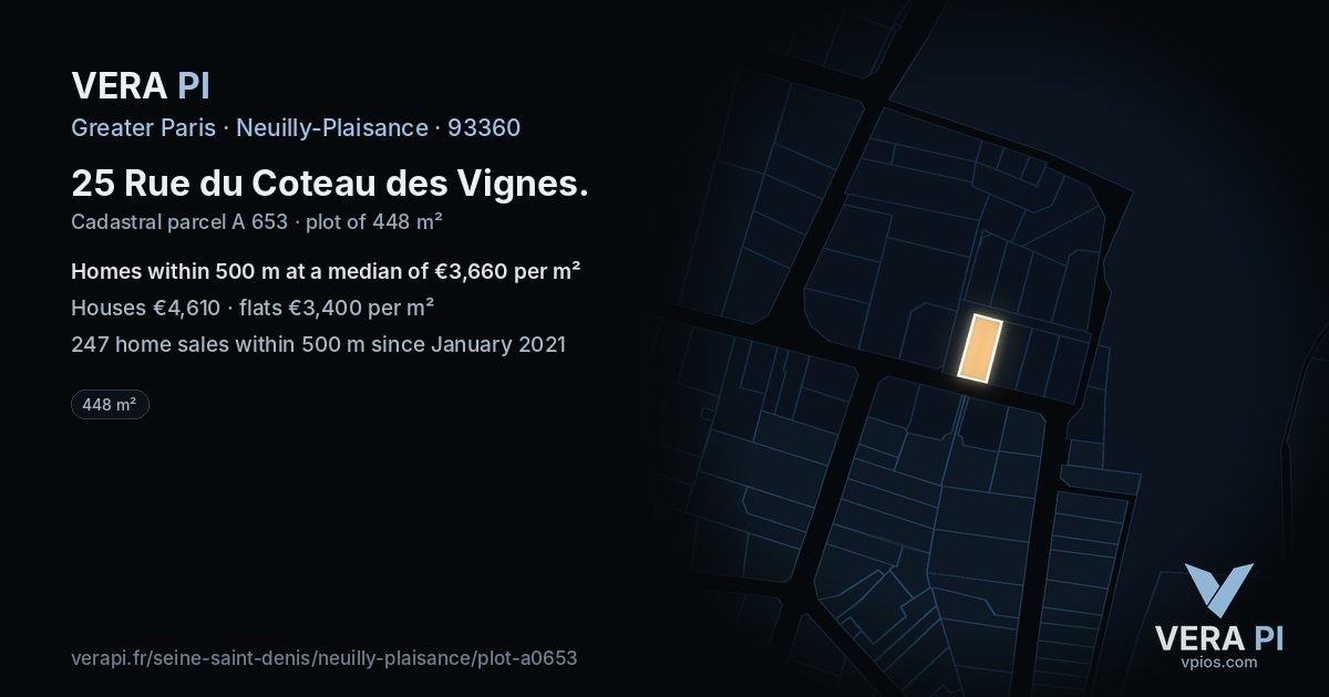 25 Rue du Coteau des Vignes, Neuilly-Plaisance at night – the plot lit, the parcels around coloured by the prices near them